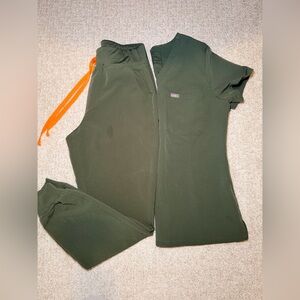 Figs Women's Scrub Set in Dark Green and Orange